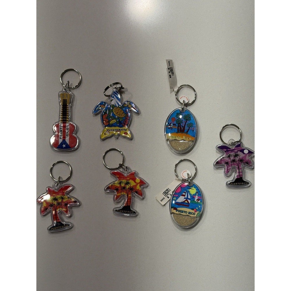 Puerto Rico Souvenir Keychain Lot 7 Acrylic Guitar Turtle Palm Tree Sand New